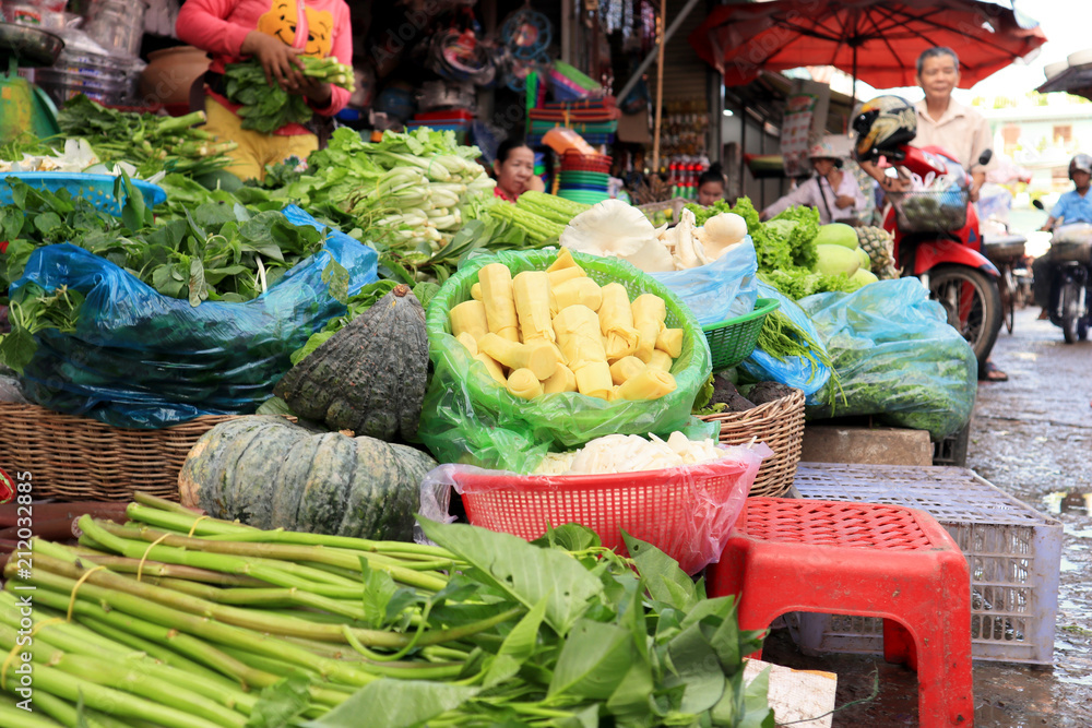 Fototapeta premium Local Market in Siem Reap, Selling Vegetables and Fruits, and Groceries.