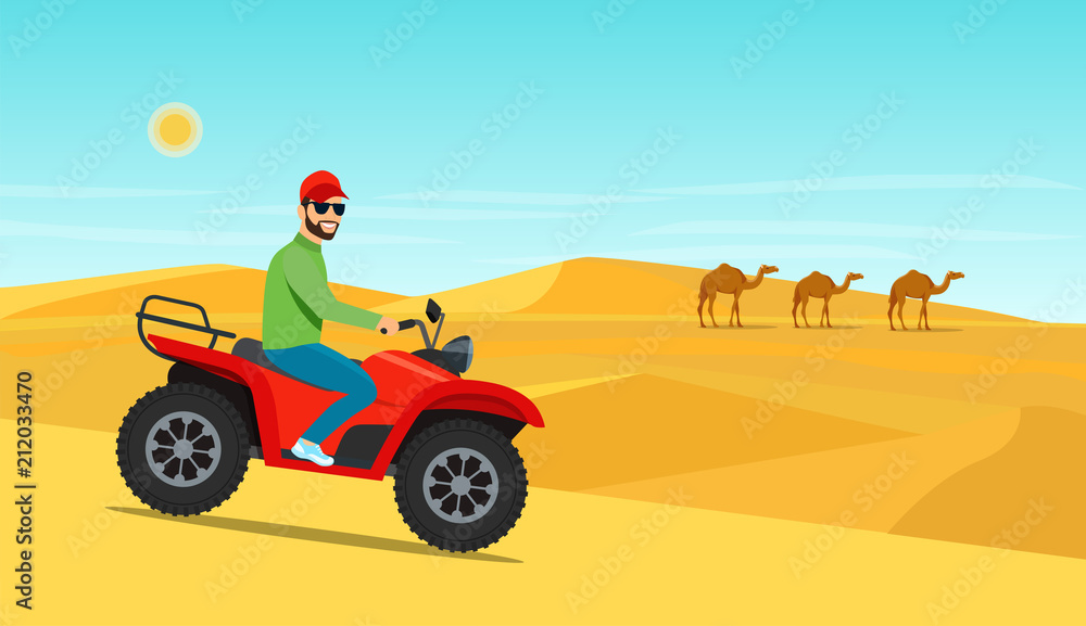 Fototapeta premium Young man riding on the ATV motorcycle in desert. Vector flat style illustration