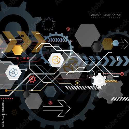 digital technology design gear wheel colorful circuit board engineering various elements space for content network business tech presentation on black background copy space vector illustration