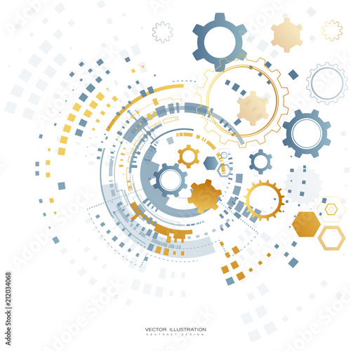 technology gear wheel colorful circuit board engineering various elements design tech on light background process copy space banner vector illustration