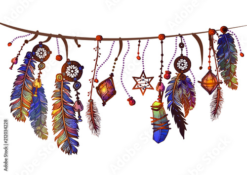 Seamless border with feathers and crystals