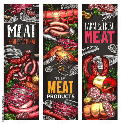 Meat and sausage chalkboard banner of butcher shop