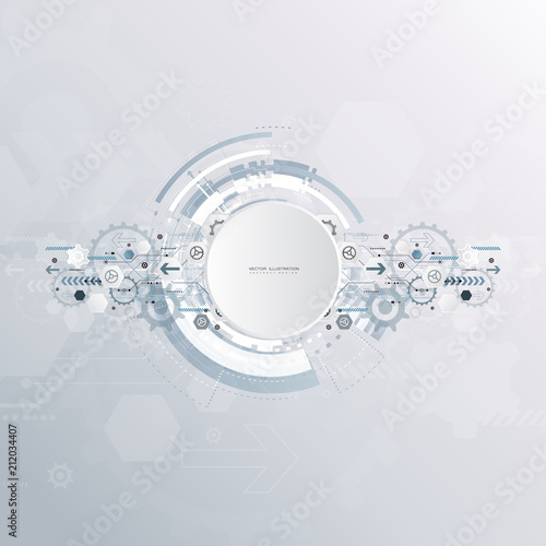 digital technology design blue gear wheel engineering various elements for content network business tech presentation on white background copy space vector illustration