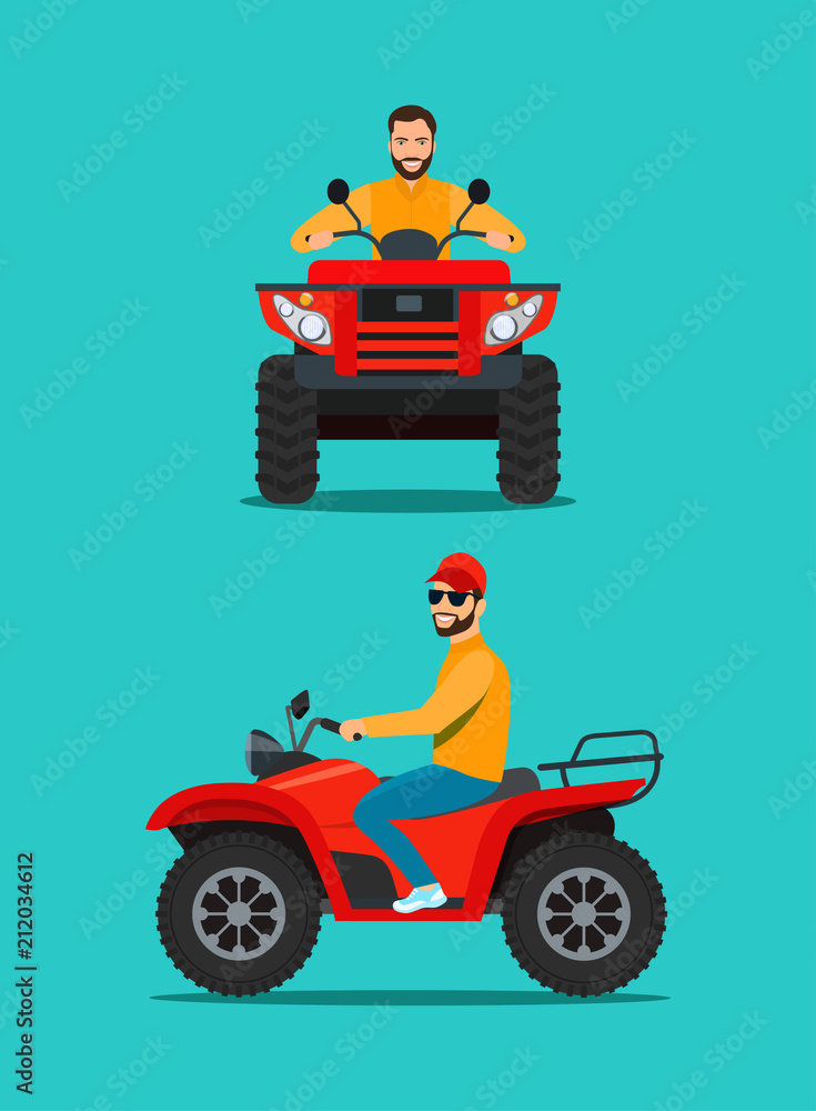 Man on the ATV motorcycle isolated. Front and side view. Vector flat style illustration