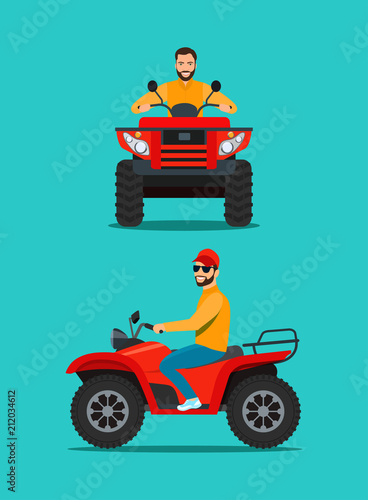 Man on the ATV motorcycle isolated. Front and side view. Vector flat style illustration