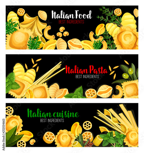 Pasta with herbs banner of Italian cuisine design