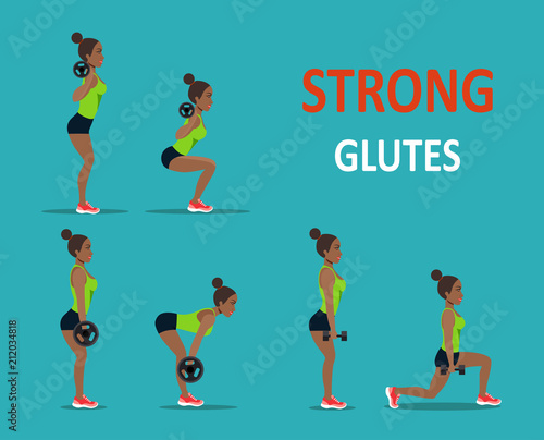 Buttocks workout. Afro american young woman doing exercise. Vector flat style isolated illustration