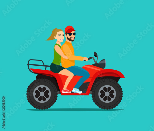 Couple on the ATV motorcycle isolated. Vector flat style illustration