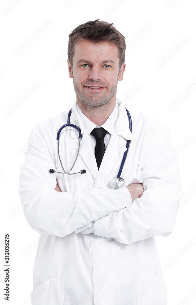 Handsome mature doctor is looking at camera while standing with folded arms Handsome mature doctor is looking at camera while standing with folded arms