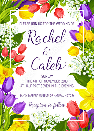 Wedding invitation with spring flower frame border