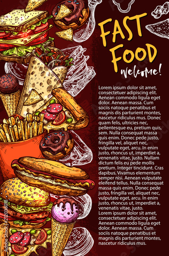 Fast food restaurant banner with junk meal sketch