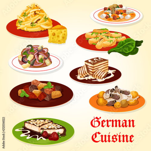 Fototapet German cuisine icon of bavarian dinner with cake