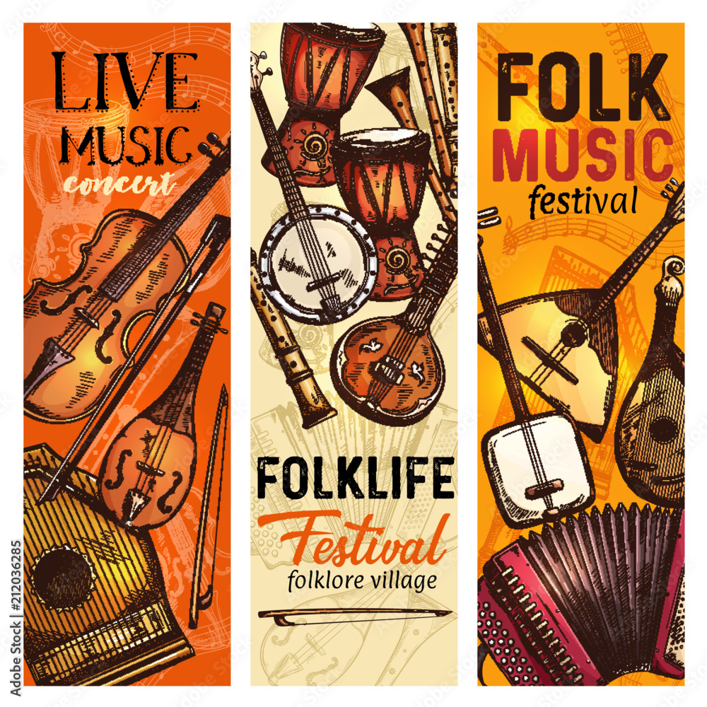 Fototapeta premium Musical instrument banner of folk music festival
