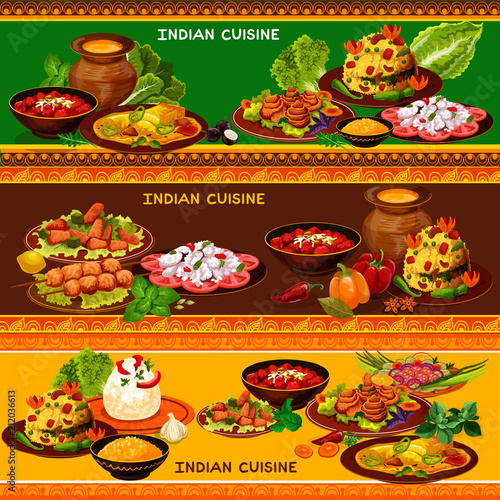 Indian cuisine restaurant banner with asian menu