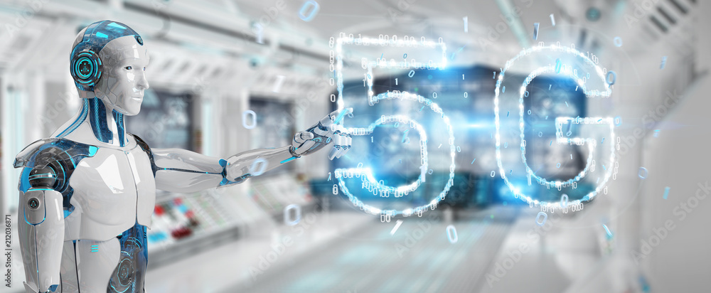 Fototapeta premium White cyborg using 5G network digital hologram 3D rendering