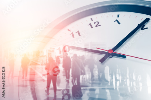 Business times concept people walking overlay with time clock