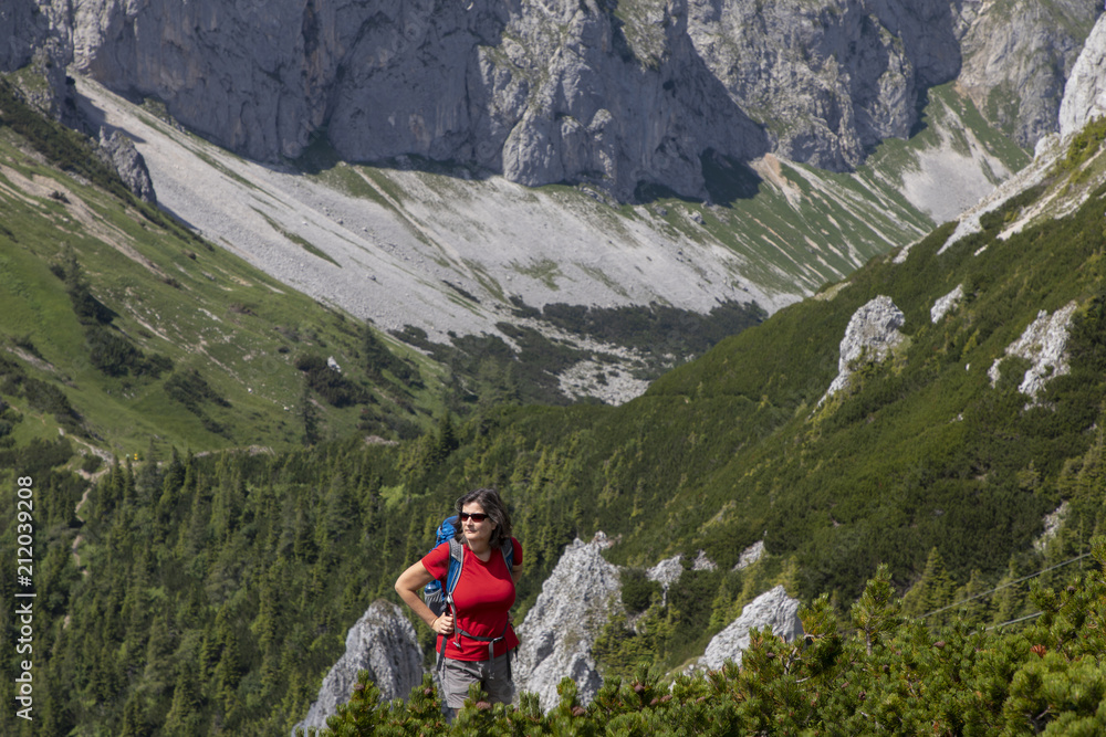 woman hiking on mountain range hochschwab, styria,austria,