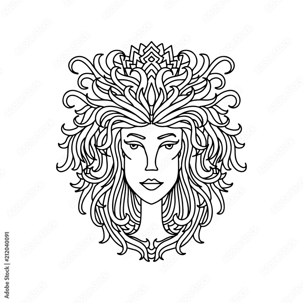 Leo girl portrait. Zodiac sign for adult coloring book. Simple black and white vector illustration.