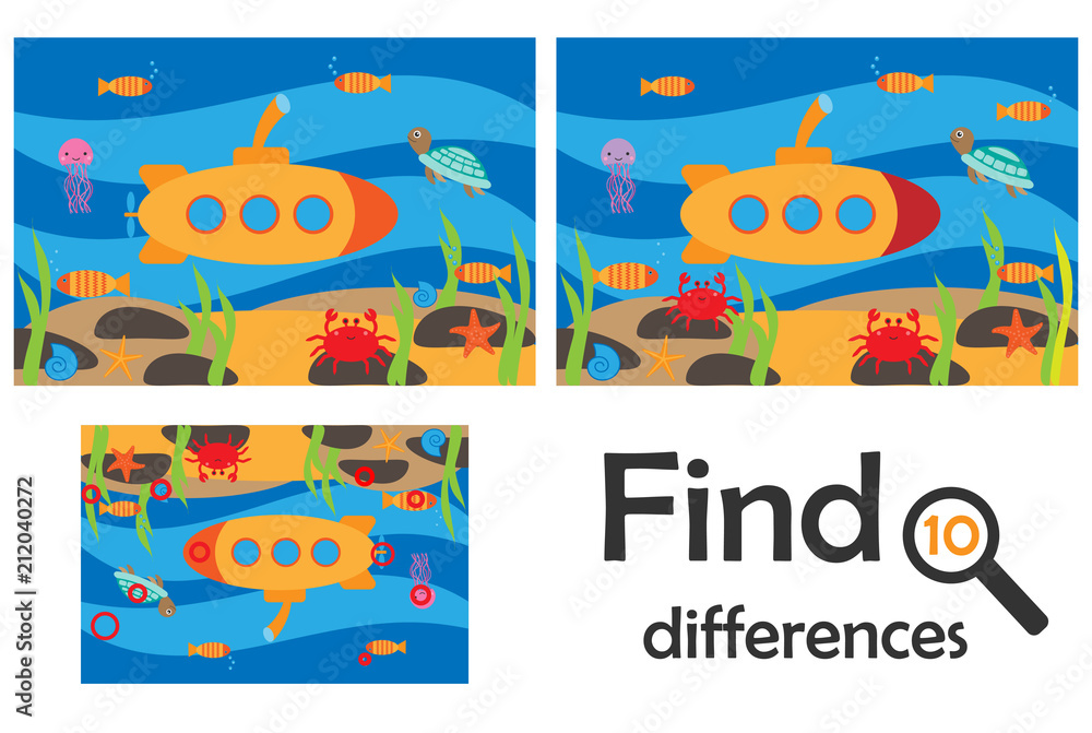 Naklejka premium Find 10 differences, game for children, sea world underwater in cartoon style, education game for kids, preschool worksheet activity, task for the development of logical thinking, vector illustration