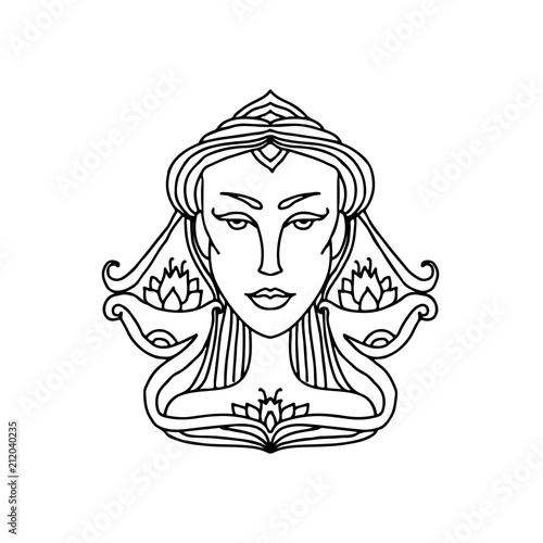 Libra girl portrait. Zodiac sign for adult coloring book. Simple black and white vector illustration. © anya babii