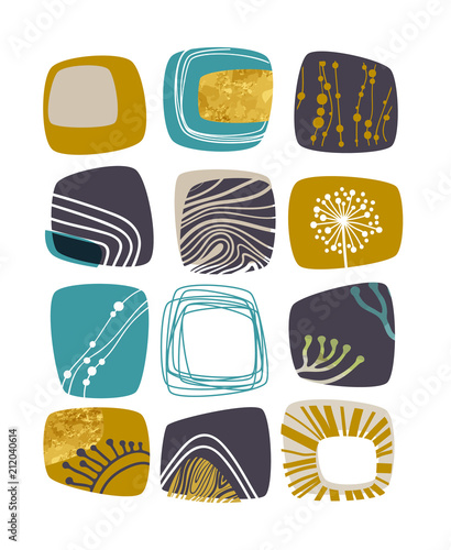 Abstract retro background, teal, yellow and gold elements, vector illustration