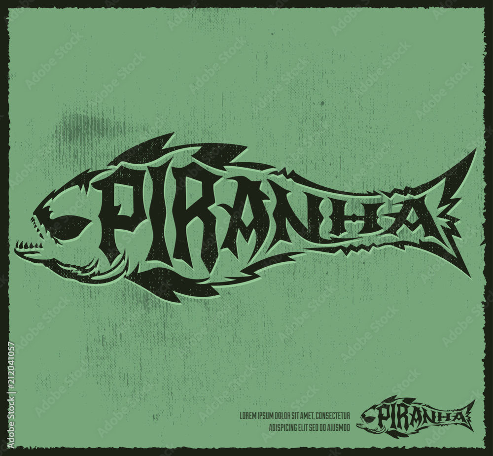 Fototapeta premium Piranha vector lettering with the shape of a fish, hardcore style grunge emblem vector illustration.