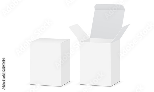 Two rectangular boxes mockups with open and closed lid. Medical or cosmetic packaging. Vector illustration