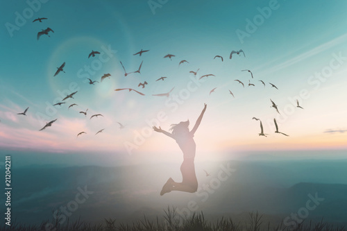 Happy woman rise hand on morning view. Christian inspire praise God on good friday background. Inspire girl self confidence on peak open arms enjoying nature the sun concept world wisdom fun hope.