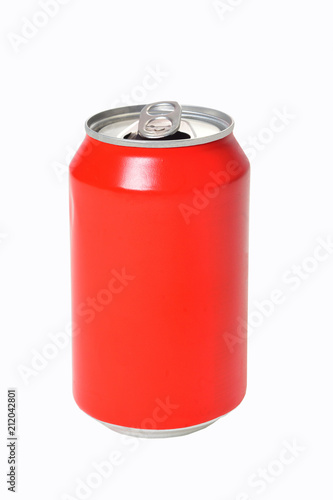 can of red drink on white background