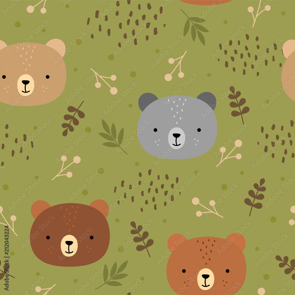 Fototapeta premium Cute teddy bears background, seamless pattern, hand drawn forest, vector illustration