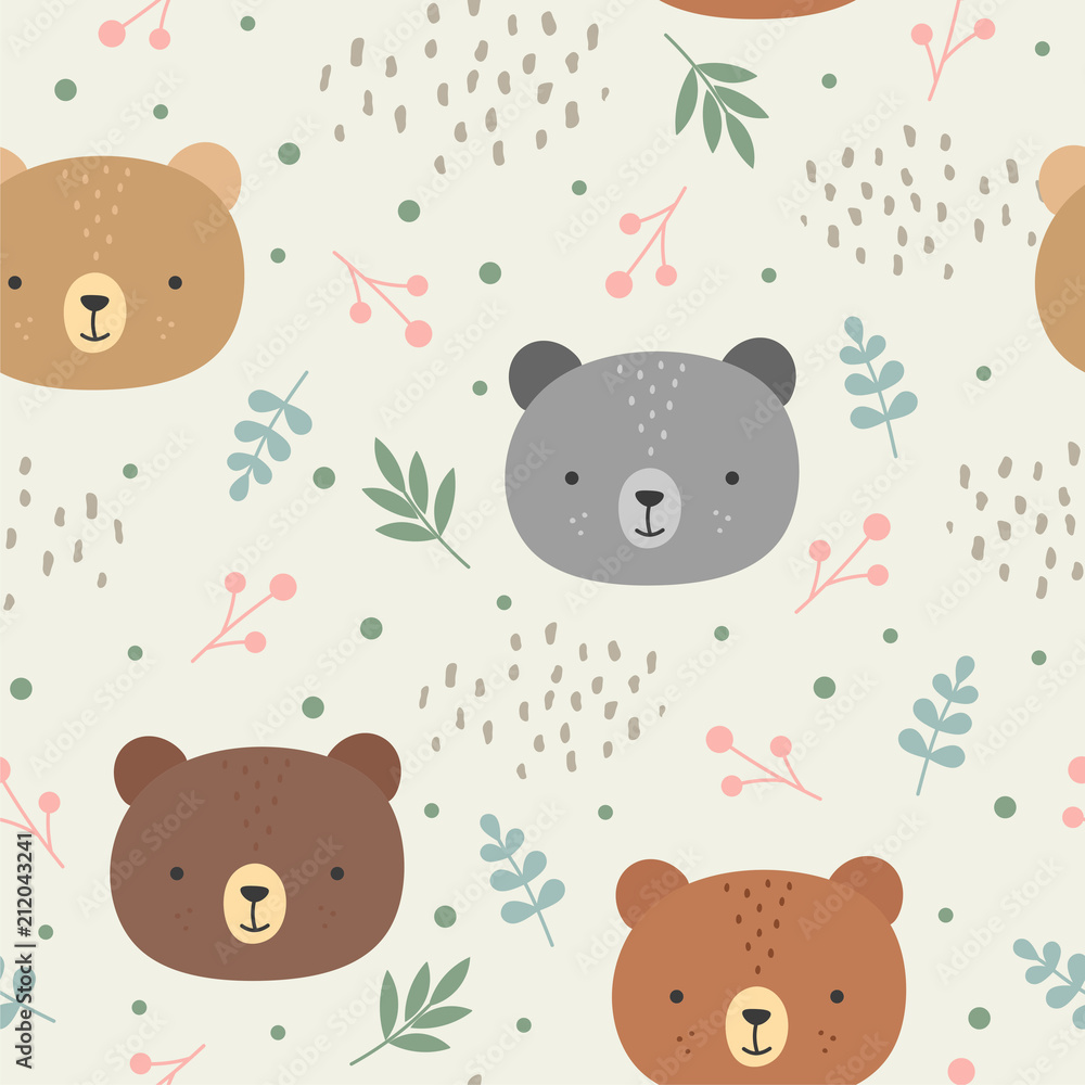 Cute teddy bears background, seamless pattern, hand drawn forest ...