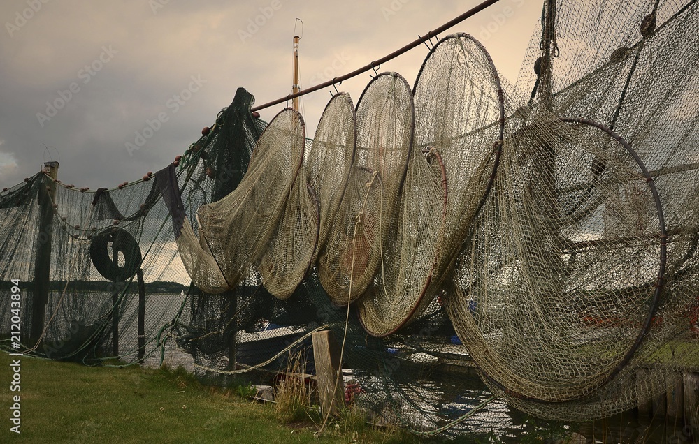 Fish traps and fishing nets hang to dry, Holm, Schleswig,  Schleswig-Holstein, Germany, Europe Stock Photo