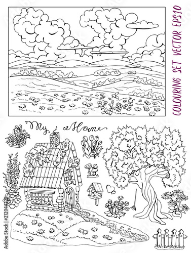 Coloring page with small country cottage, tree, flowers, landscape and bird house. Vintage country set with rural design elements, hand drawn black and white vector illustration 