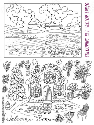 Coloring page with cute house, landscape, conifer, garden furniture and flowers. Vintage country set with rural design elements, hand drawn black and white vector illustration 
