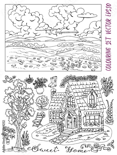 Coloring book page with summer landscape, cottage, tree, flowers and garden objects. Vintage country set with rural design elements, hand drawn black and white vector illustration 