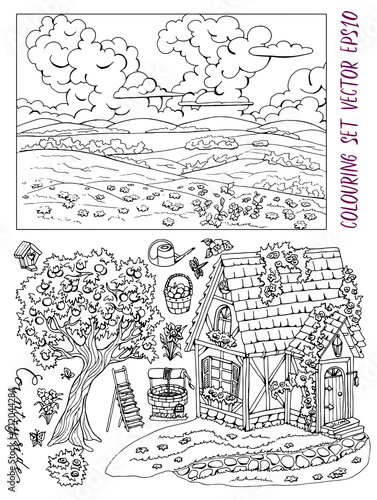 Coloring page with cute cottage, countryside landscape, apple tree, flowers and garden objects. Vintage country set with rural design elements, hand drawn black and white vector illustration 