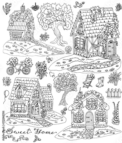 Coloring page with cute country cottages, trees, flowers and garden objects. Vintage set with rural design elements, hand drawn black and white vector illustration