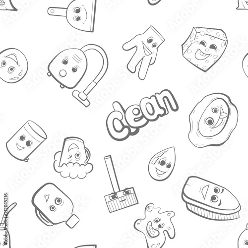 Cute items for clean up. Chambermaid work vector illustration. Seamless pattern background.