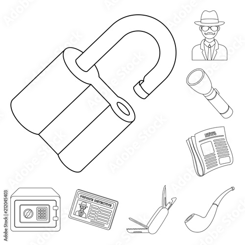 Detective and Attributes outline icons in set collection for design.Detective Agency vector symbol stock web illustration.