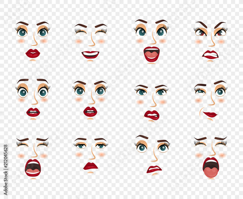 Comic emotions. Women facial expressions, gestures, emotions happiness surprise disgust sadness rapture disappointment fear surprise joy, smile cry coquetry cute mouth. Cartoon icons big set isolated.
