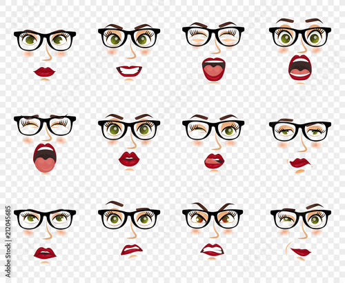 Comic emotions. Woman with glasses facial expressions, gestures, emotions happiness surprise disgust sadness rapture disappointment fear surprise joy smile despondency. Cartoon icons big set isolated.