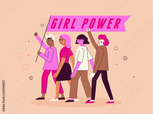 Vector illustration in trendy flat linear minimal style  with female characters - girl power