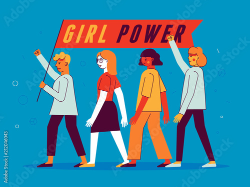 Vector illustration in trendy flat linear minimal style  with female characters - girl power