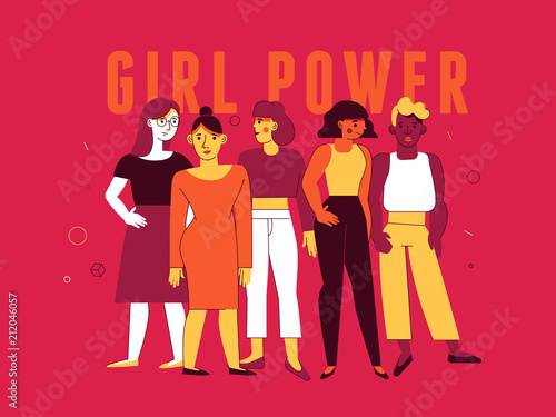 Vector illustration in trendy flat linear minimal style with female characters - girl power