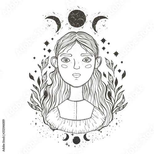 Beautiful young teenage girl, face foreground. Vintage sketch style of drawing. Sketch for tattoo, isolated print on t-shirt. Magical, mystical, ethnic style. photo