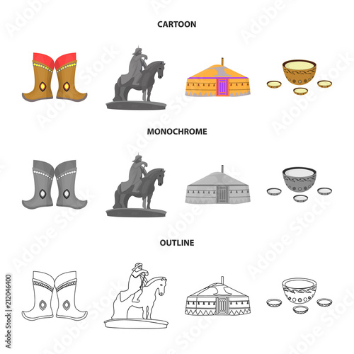 Military boots, a monument to the rider, a national tent, a milk drink. Mongolia set collection icons in cartoon,outline,monochrome style vector symbol stock illustration web.