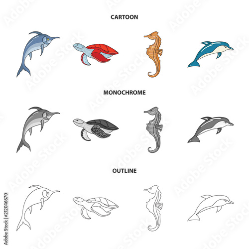 Merlin, turtle and other species.Sea animals set collection icons in cartoon,outline,monochrome style vector symbol stock illustration web.