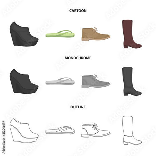 Autumn black shoes on a high platform, flip-flops green for relaxation, sandy men autumn shoes, high brown boots. Shoes set collection icons in cartoon,outline,monochrome style vector symbol stock