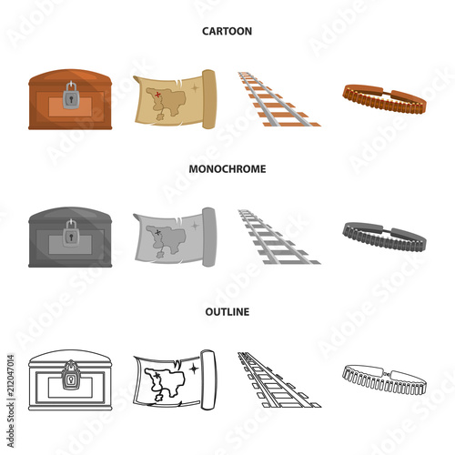 Treasure map, chest, rails, patrol.Wild west set collection icons in cartoon,outline,monochrome style vector symbol stock illustration web.