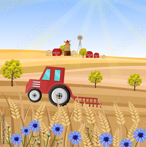 Tractor at the farm Vector illustration. Wheat field stalk. Provence harvest ...